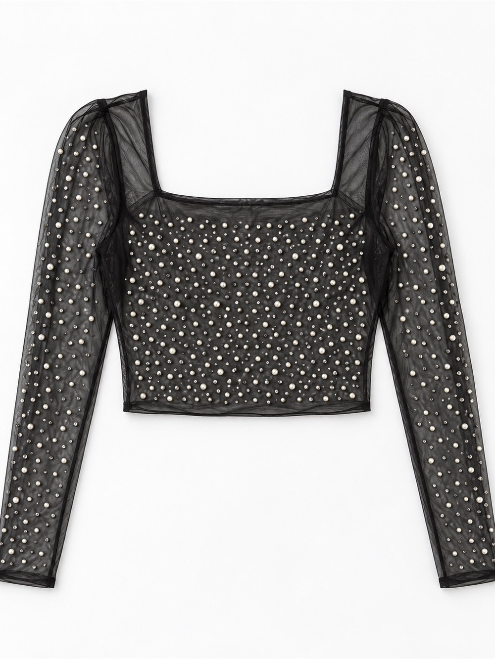 Source Unknown Black Pearl-Studded Mesh Long Sleeve Crop Top